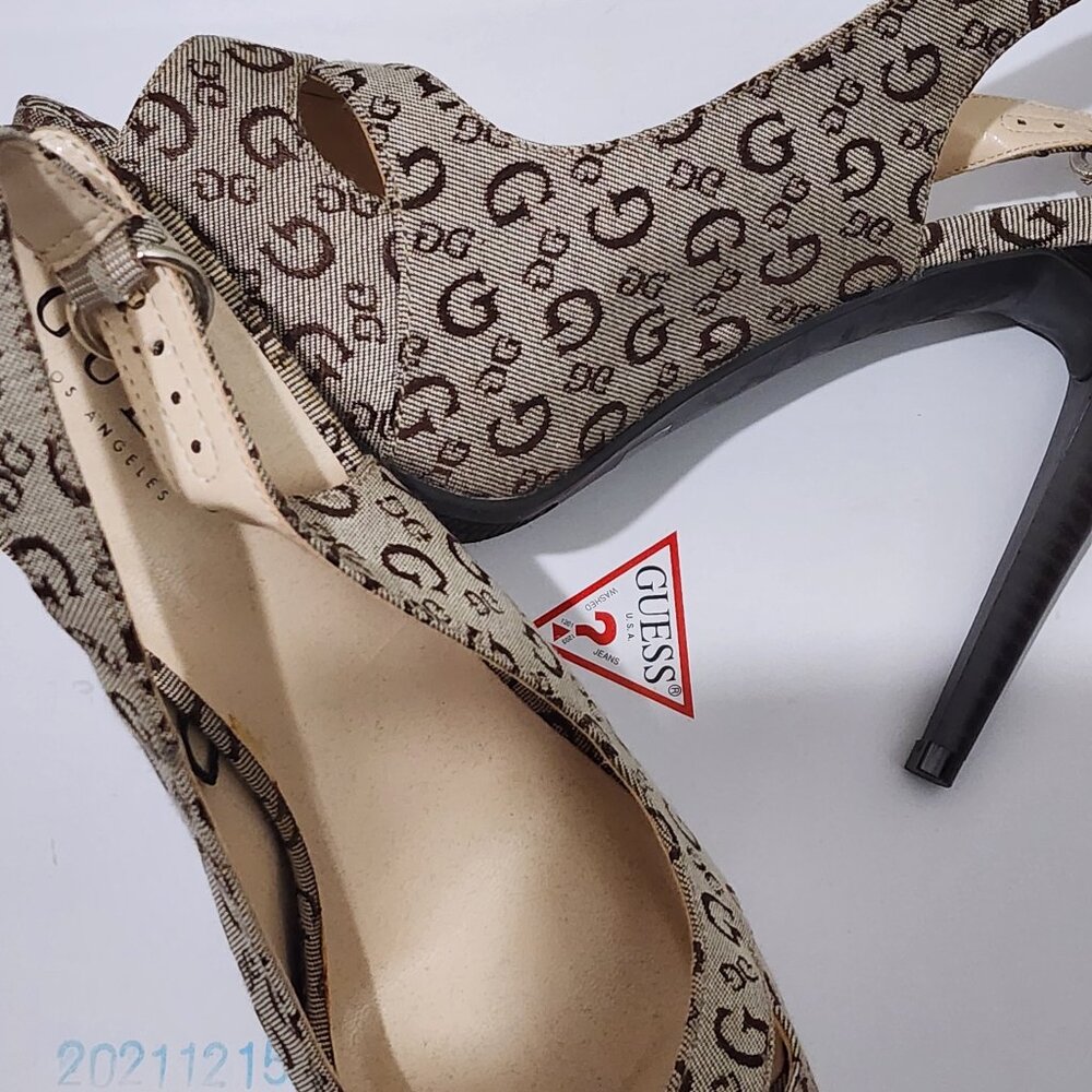 Guess Signature Logo Canvas Tan Sling Back Platform High Heels Shoes NWOB 9M - Picture 2 of 5